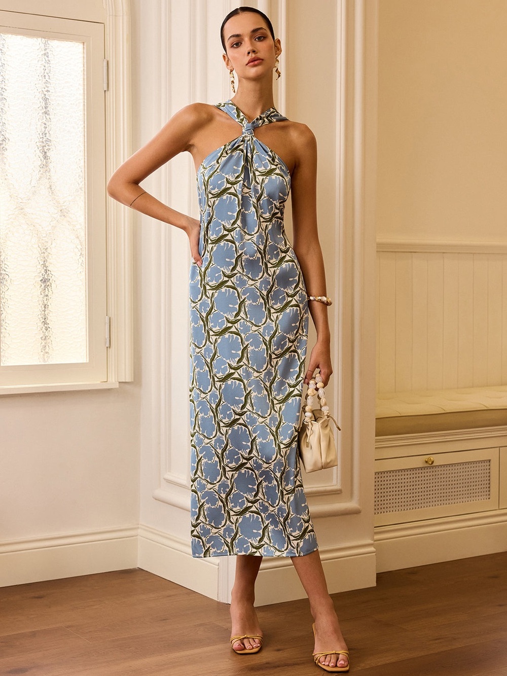 Commense Blue Floral Halter Midi Dress Sz XL